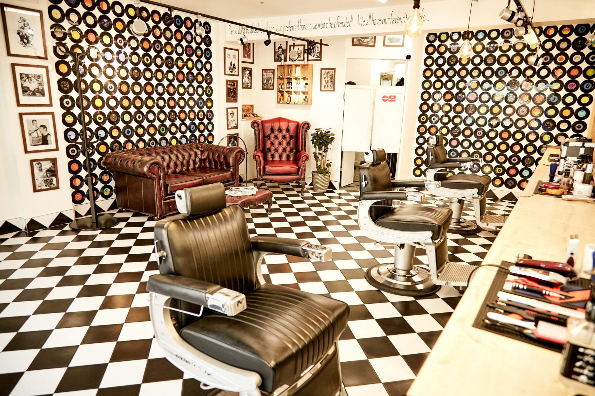 Bond's Barbershop Fordingbridge - 3 barber chairs and view of the customer waiting area